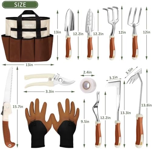 Garden Tool Set, 12 Pcs Heavy Duty Floral Gardening Tools Kit with Gardening Hand Weeder Tools, Durable Storage Bag and Gardening Gloves, Gardening Gifts for Women and Men Brown