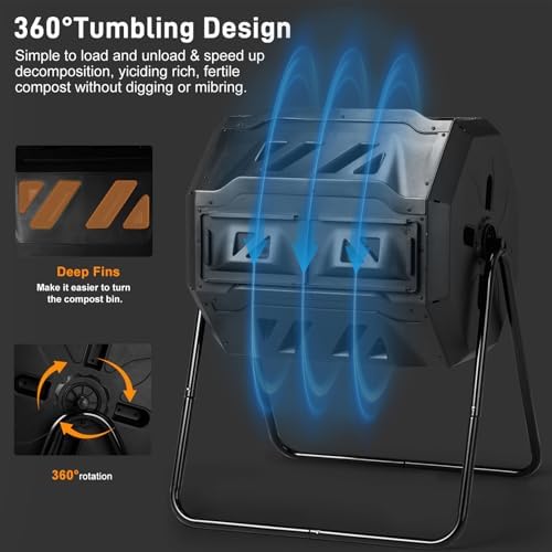 Outdoor Dual Chamber Compost Tumbler, 43 Gallon Black Rotating Batch Compost Bin with Sliding Doors for Garden Kitchen Yard
