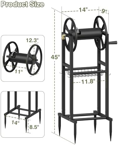 Freestanding Garden Hose Reel holds 125ft Hose of 5/8" with 4 Hooks, 4-Spike Outdoor Hose Holder with 3.9ft Leader Hose & Brass Fitting, Detachable Metal Hose Stand with Storage Rack, Black