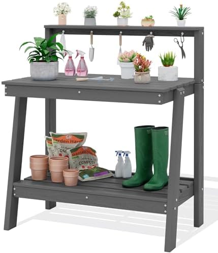 SERWALL 3-Tier Outdoor Potting Bench with Storage,Gardening Table,Grey