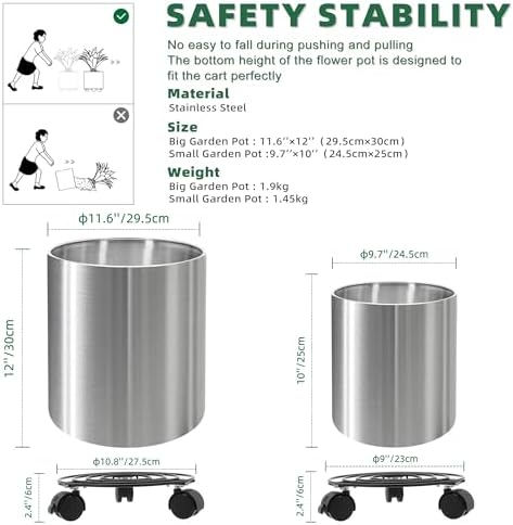 Round Stainless Steel Flower Pot 25cm & 30cm Modern Garden Planter for Indoor & Outdoor Decor Two Packs