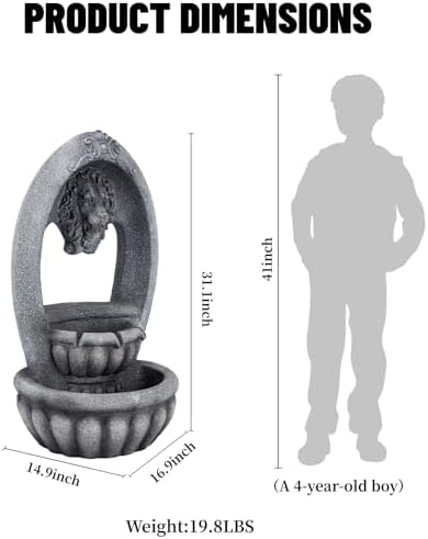 31.1" H Lion Head Fountain, 3-Tier Outdoor Water Fountain with LED Light