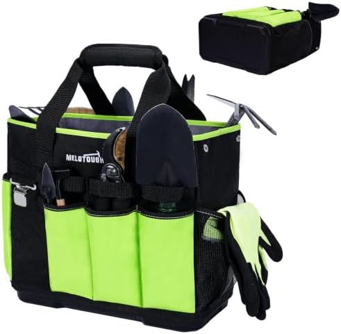MELOTOUGH 12 Pockets Garden Tool Bag with Hard Bottom, Garden Caddy, Green