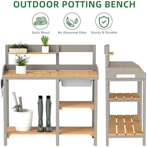 Wooden Potting Bench Table with Sink, Outdoor Garden Table Work Bench with Shelf, Workstation for Outside Patio Lawn