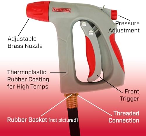 Chapin 4695: Industrial High Temp, High Pressure Front Grip Spray Nozzle with Threaded Connection, Rated Up to 160°F and 125 PSI, Red/Black