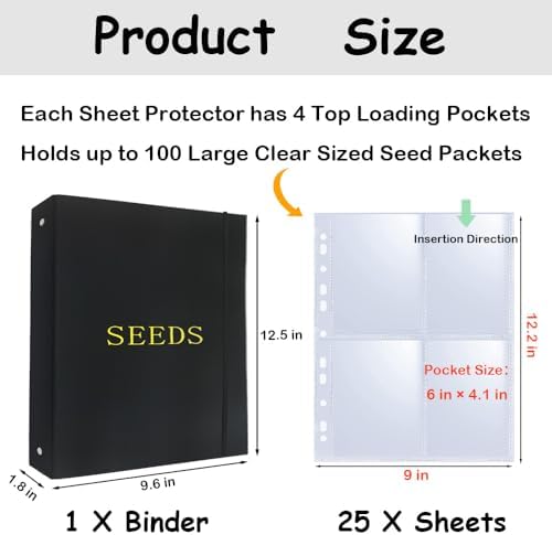 Seed Storage Organizer Binder,3 Ring Seed Packet Organizer with 100 Pockets