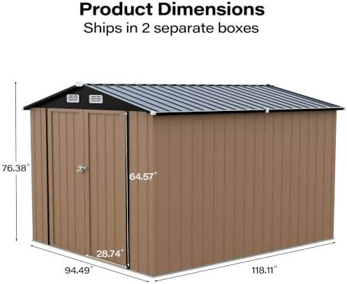 LAUSAINT HOME 8 x 10 FT Outdoor Storage Shed, Heavy Duty Galvanized Steel Storage Shed with Double Lockable Doors, Gable Roof & Air Vent for Backyard & Patio, Brown
