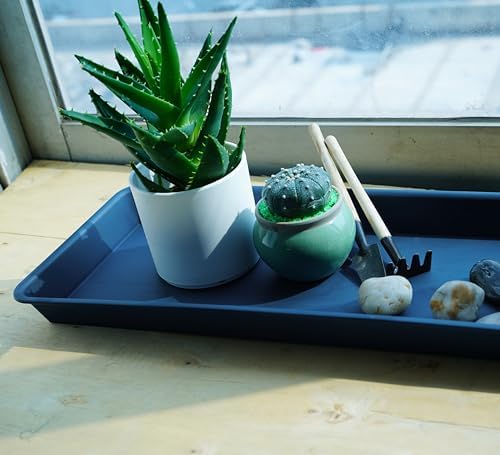 VUWEZ 2 Pack of Plastic Plant Tray Saucer Rectangular 17 18 inch, Planter Trays Saucers for Indoors Outdoor, Plant Water Drip Tray for Flower Pot Planter, Windowsill Plants Trays (7.8 X 17.5'', Blue)