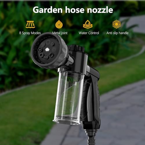 Garden Hose Nozzle, High Pressure Spray Gun Nozzle, 8 Spray Patterns for Watering Plants, Lawn, Patio, Cleaning, Showering Pet with 3.5oz/100cc Soap Dispenser Bottle