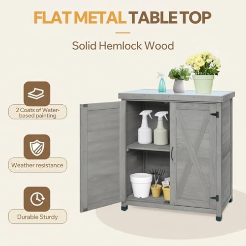 Potting Bench Outdoor Storage Cabinet with Waterproof Metal Top, Wooden Garden Work Station for Tools, Backyard Deck and Balcony Organizer, Outside Hutch, 36-Inch Tall Shed, Gray