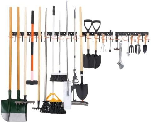 VEVOR Garage Tool Organizer 68 Inch 450 lbs Wall Mount Garden Tool Rack, Heavy Duty Hanging Storage Organization, 4 Rails with 24 Fixed L-Hooks, 20 Adjustable S-Hooks, for Yard Tools, Shovel, Shed