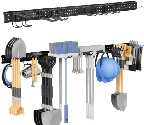 66" Garage Tool Organizer Wall-Mounted, Heavy Duty Garage Wall Organizer with 13 Adjustable Hooks, Garden Tool Storage Rack, Holds Up to 500 lbs