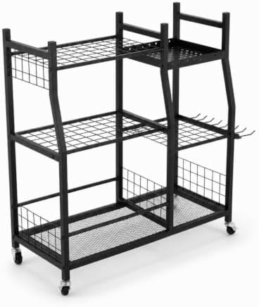 3-Tier Garden Tool Organizer with Wheels, Heavy-Duty Steel Garage Rack