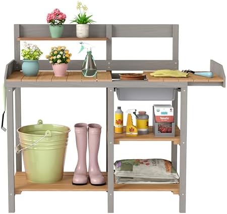 Wooden Potting Bench Table with Sink, Outdoor Garden Table Work Bench with Shelf, Workstation for Outside Patio Lawn