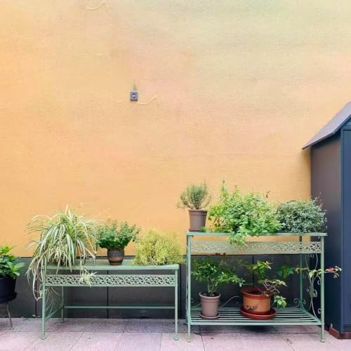Vintage Wrought Iron Plant Stand & Potting Bench, Indoor & Outdoor Shelving for Gardening, Metal Shelves & Table for Patio Flowers & Plants(Double-Layer, White)