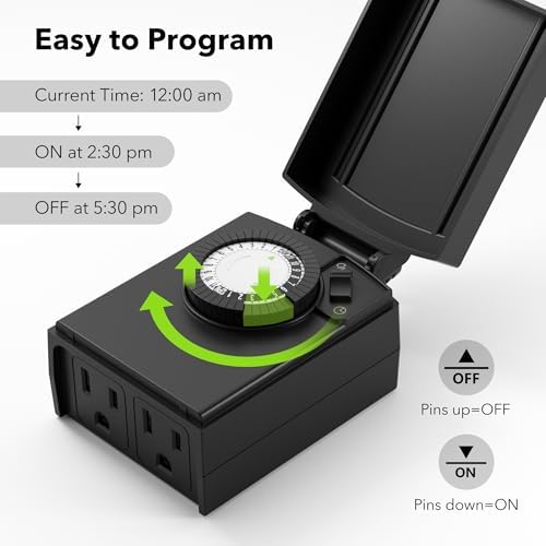 BN-LINK Outdoor 24-Hour Mechanical Timer Outlet, 2 Grounded Outlets, 2 Pack