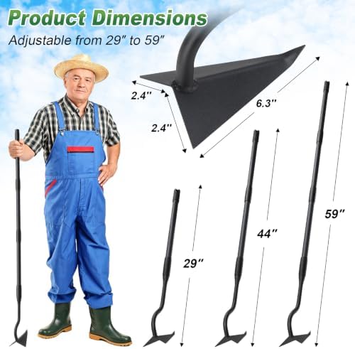 Garden Hoe, Gardening Tool for Weeding, Digging, Cultivating with Pointed Head, Curved Neck, 59 in Back-Saving Long Handle, Heavy Duty Hand Hoe for Loosening Soil Around Plants, Yard, Farm, Landscape