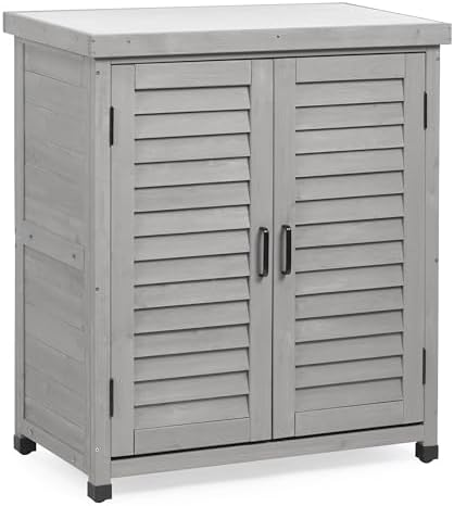 Outdoor Potting Bench with Storage Cabinet and Metal Top, Wood Workstation for Outdoor Patio, Garden (Light Grey, 31x17x36‘’)
