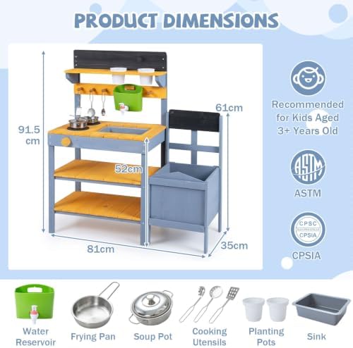 HONEY JOY Mud Kitchen with Planter Box and Running Water, Fir Wood Kids Potting Bench Mud Table, Water Tank & Chalkboard, Sensory Outdoor Play Kitchen for Toddler Girls Boys(Blue)