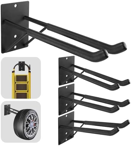 14" Large Heavy Duty Garage Hooks, Steel Garage Storage Hooks with Support Rods, Utility Wall Mount Hangers for Power Tools, Car Tires, Ladders, Chairs, Garden Tools and More (4-Pack 14" Heavy Hooks)