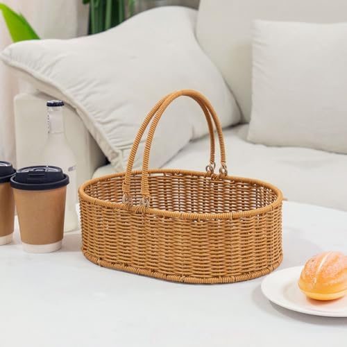 YRMT Small Rattan Basket with Handles, Handwoven Wicker Basket for Garden Harvest, Fruit Picking, Gift Basket, Storage Organizing 13"x9"x4.5" (Rattan)
