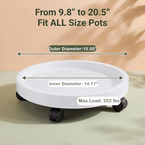 15.6 Inch Plant Caddy with Wheels, Round Rolling Flower Pot Stand, Heavy Duty Wheeled Planter Saucer Tray, Holder Dolly for Indoor Outdoor，Potted Coaster Roller Base Tray with Casters