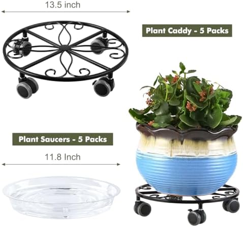 5 Pack Plant Caddy with Wheels & Saucers, Heavy Duty 13.5 Inch Metal Plant Stand with Wheels, Plant Dolly Rolling Plant Stand Plant Roller with Casters for Indoor and Outdoor, Black