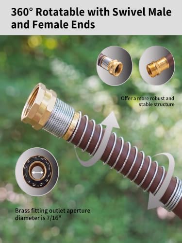Wiseflow Garden Hose 50FT x 5/8", Heavy Duty Rubber Hose, Water Hose with Five Layered Braiding, Male Female Fittings, 1000PSI Burst, 300PSI Working for Yard, Car Wash, Pets (Brown)