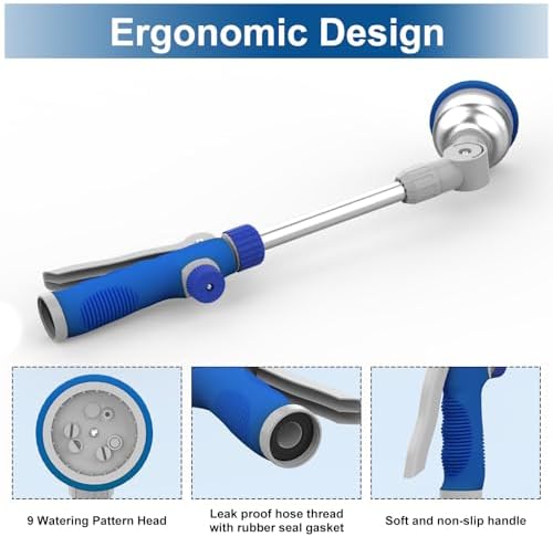 Watering Wand, 16" Aluminum Garden Hose Nozzle with 180° Rotating Ratchet Head, 9 Spray Patterns & Adjustable Flow Control - Perfect for Water Hanging Baskets and Shrubs