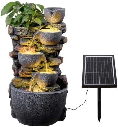 24'' Stacked Rock Solar Powered Water Fountain, Outdoor DIY Planter Pot Waterfall Fountain with LED Lights, Water Feature Landscape Decor for Garden, Patio, Backyard, Home Decoration