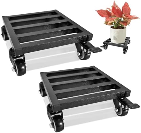 2PCS 10 Inch Plant Caddy with Wheels Lockable Heavy Duty Trolley Large Metal Square Plant Dolly Plant Roller Base Potted Stand Suitable for Indoor Outdoor Plant Pots Black