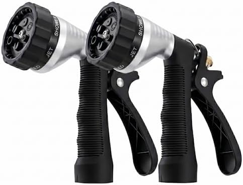 Water Hose Nozzle 2-Pack, Zinc Alloy Garden Spray Nozzle with Adjustable Spray Patterns, Leakproof Rustproof Trigger Lock for Outdoor Cleaning & Car Wash, Silver & Silver