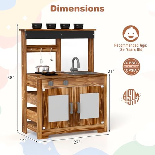 KOTEK Mud Kitchen with Acrylic Board, Fir Wood Outdoor Play Kitchen with Stoves, Faucet & Sink, Blackboard, Cooking Accessories, Kids Mud Kitchen for Backyard Garden