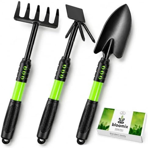 Bloomix 3 pcs Black Stainless Steel Gardening Tools Set – Heavy Duty Hand Trowel, Hand Rake & Hoe Cultivator with Ergonomic Handles – Durable Garden Tool Kit for Plant Care and Soil Work