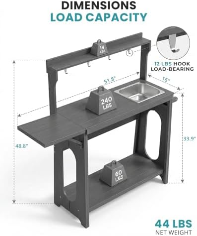 Outdoor Potting Bench Table with Removable Sink, Heavy Duty, Gray