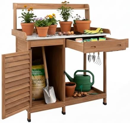 Potting Bench Table Work Bench with Storage Cabinet Outdoor Wooden Garden Workstation with Metal Tabletop/Drawer/Hooks/Open Shelf(41" LX 12.5" W X 49.2" H)