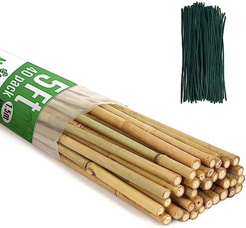 SWANGSA 40 Pack Bamboo Stakes for Plant 5 Feet(57.5inch), Bamboo Sticks Plant Support Garden Stakes Poles with 200pcs Twist Ties for Tomatoes, Beans, Potted Plants, Indoor and Outdoor Climbing Plants