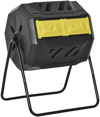 Compost Tumbler Bin, 160L Dual Chamber with 360-Degree Rotation, Yellow