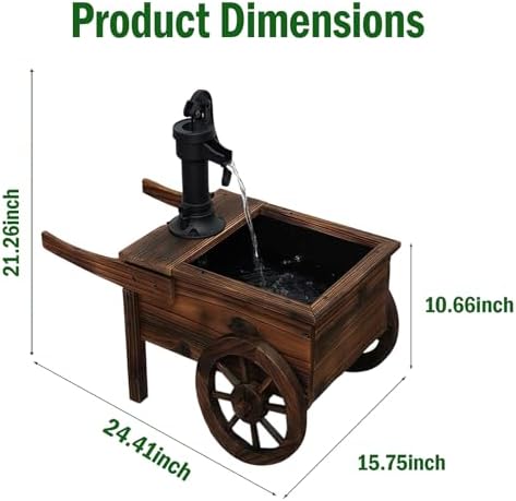 Carbonized Wood Outdoor Freestanding Fountain - Movable Vintage Hand Pump Cart, Solar-Powered Electric Decorative Water Feature for Patio, Garden & Indoor Decoration