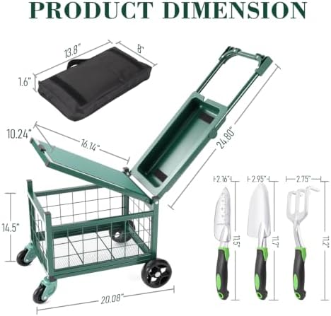 Rolling Garden Cart with Tool Bag and 3-Piece Garden Tools Set, Garden Work Seat and Heavy-Duty Wagons with 360° Swivel Wheels, Workbench and Metal Storage Basket, Supports Up to 400LBS