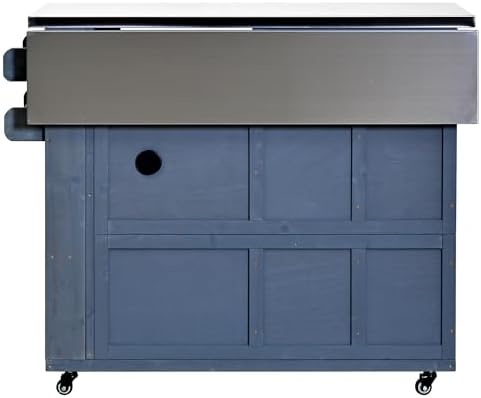 Outdoor Solid Wood Extendable 19.3''/28'' Kitchen Island,Stainless Steel Top Grill Table with Side Spice Rack,Drawers,for Backyard, BBQ,Party (Gray-D)
