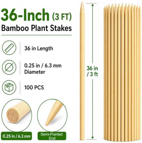 100 PCS 3FT Bamboo Plant Stakes, 6.3mm Thick Bamboo Stakes