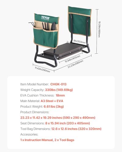 VEVOR Folding Garden Kneeler and Seat Heavy Duty, Widened 8" EVA Foam Pad, Portable Garden Stool with Tool Bags, Gardening Bench to Relieve Knee & Back Pain, Great Gifts for Seniors, Women, Parents