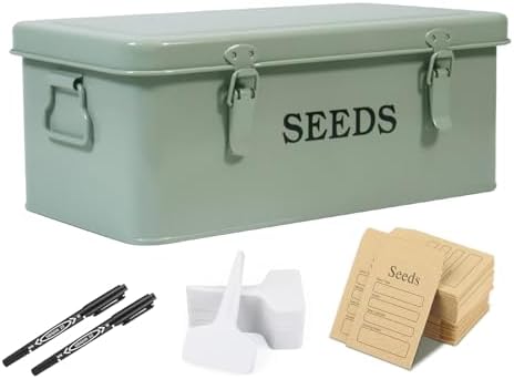 Seed Storage Organizer, 4 Compartment Seed Storage Box with Safety Lock, Metal Seed Box Container with 2 Pens, 20 Plant Labels and 50 Seed Envelopes for Seed Packet & Small Garden Tool, Green