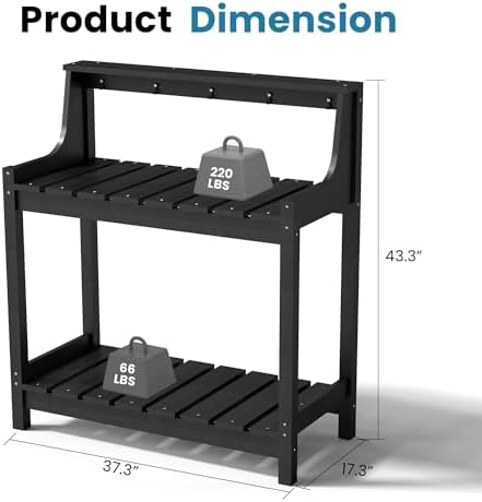 HDPE Outdoor Potting Bench, All-Weather Garden Potting Table with 3-Tier Storage Shelves, 43.3" Ergonomic Height Weatherproof Planting Workbench for Patio, Backyard and Garden, White (Black)