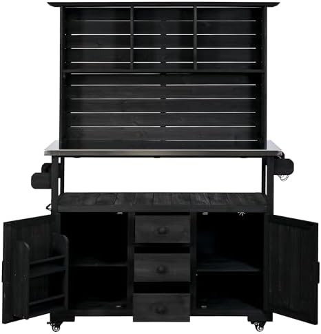 GDFStudio Preden Outdoor Storage Bench Table with Cabinet, Patio Wooden Potting Bench, Garden Storage Work Bench with Stainless Steel Top, Drawers, Cabinets, Shelves and Hooks, Kitchen Island, Black