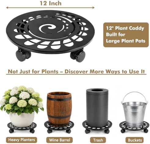 1 Pack 12 Inch Metal Plant Caddy with Wheels Heavy-Duty Rolling Plant Stand Lockable Wheels Plant Roller Base for Indoor Planters Outdoor Flower Pot Mover Rollers Plant Dolly Plant Coasters Trolley