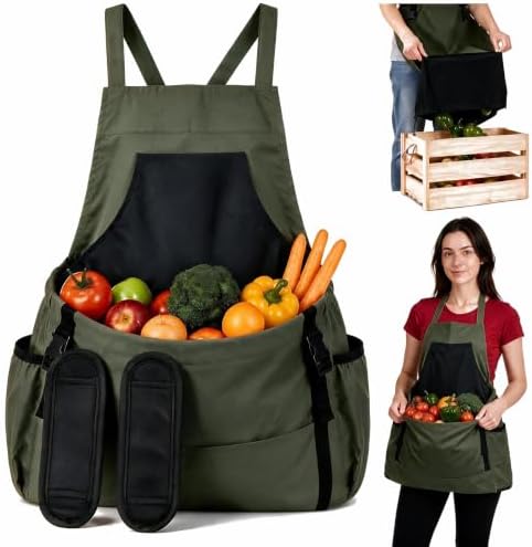 Gardening Apron with Pockets, Heavy Duty Oxford Fabric Harvest Apron Green