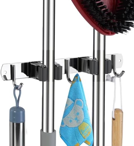 voze 2 Racks and 3 Hooks Mop and Broom Holder Wall Mount, Self Adhesive Heavy Duty Broom Organizer Storage Tool Racks for Kitchen Garden Laundry Garage