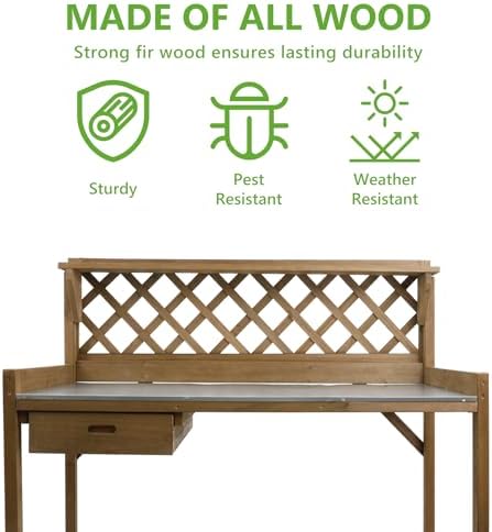 Garden Potting Benches & Tables,Outdoor Wooden Work Station W/Metal Table Top,Drawer,Large Bottom Shelf,Open Shelf Natural Wood-Natural Stained (43.5" D x 20.5" W x 45" H)